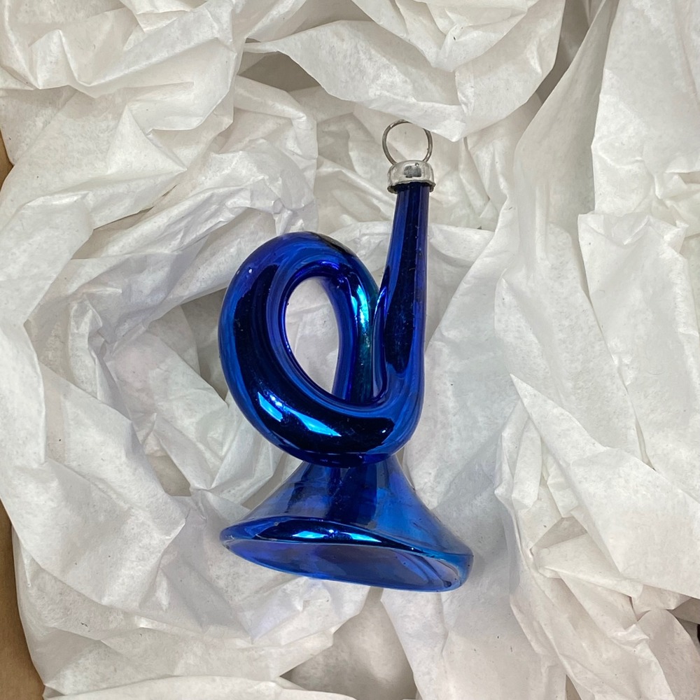 Vintage Blue Glass Horn Ornament - Christmas Tree Decoration‎ Musical Instrument